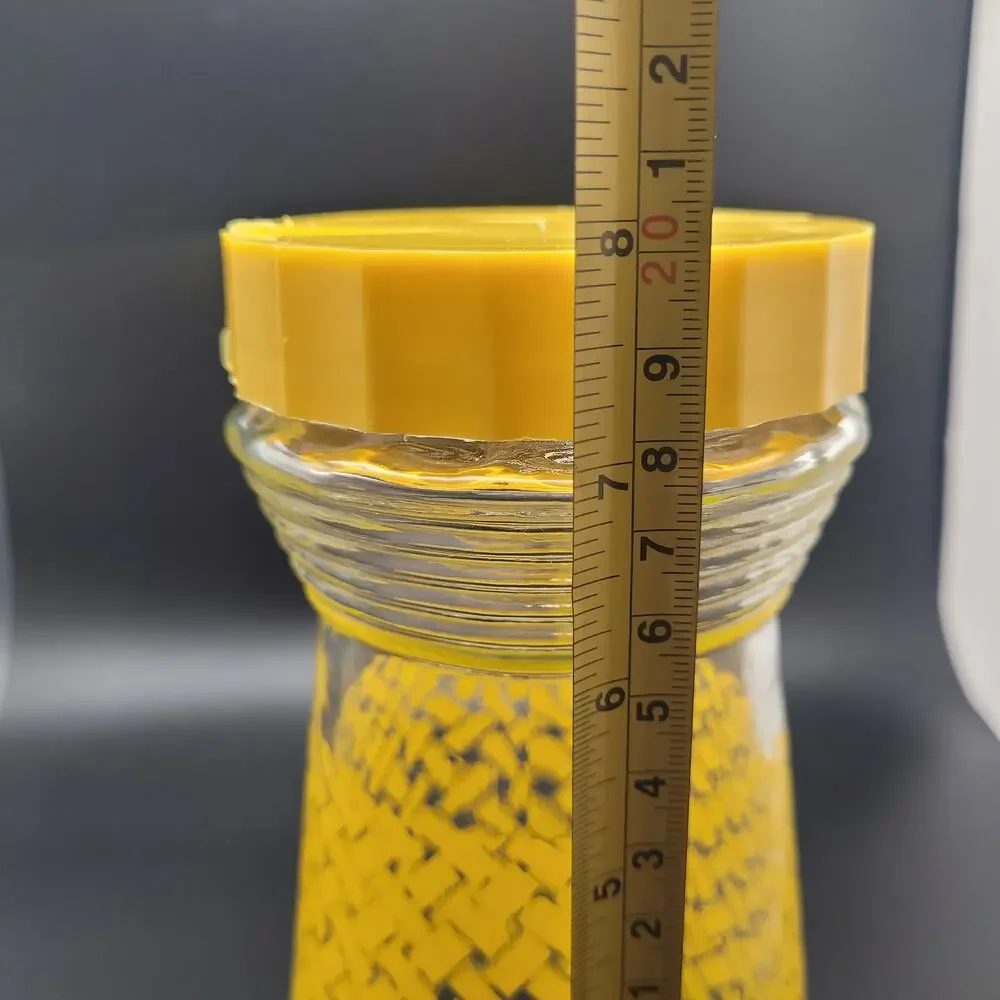 Vintage Yellow Woven Glass Pitcher Plastic Lid Mid Century Lemonade Retro